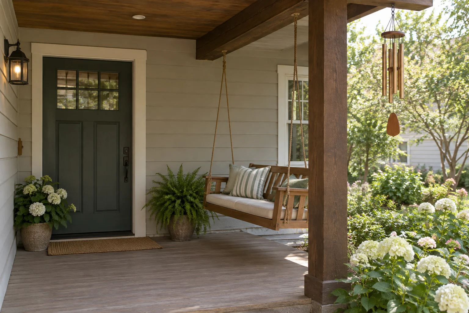 Small metal chime at the outer edge of a porch beside a suspended bench and away from the entrance